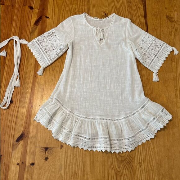 Spell and the Gypsy Abigail Mini Dress Womens SMALL Ivory White Lace Cotton Belt - Picture 5 of 14